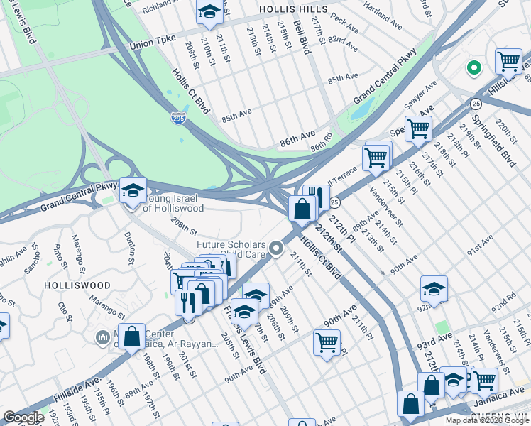 map of restaurants, bars, coffee shops, grocery stores, and more near 210-40 Grand Central Parkway in Queens