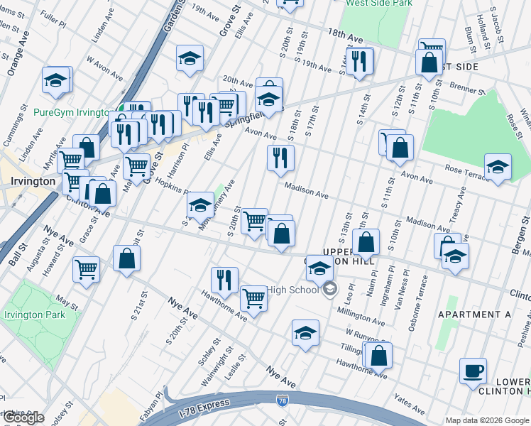 map of restaurants, bars, coffee shops, grocery stores, and more near 896 South 18th Street in Newark