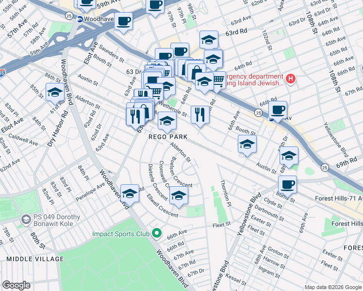 map of restaurants, bars, coffee shops, grocery stores, and more near 631-59 Alderton Street in Queens