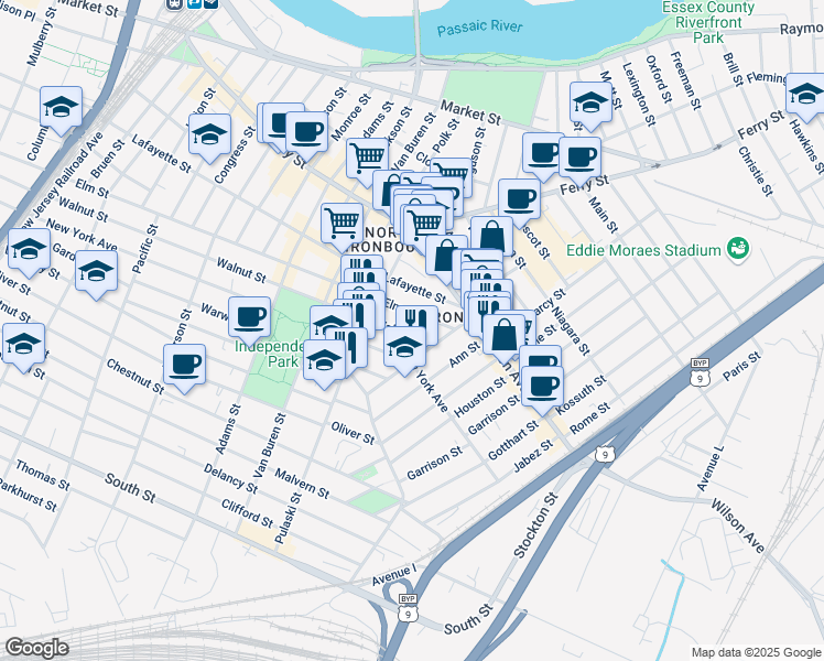map of restaurants, bars, coffee shops, grocery stores, and more near 421 Walnut Street in Newark