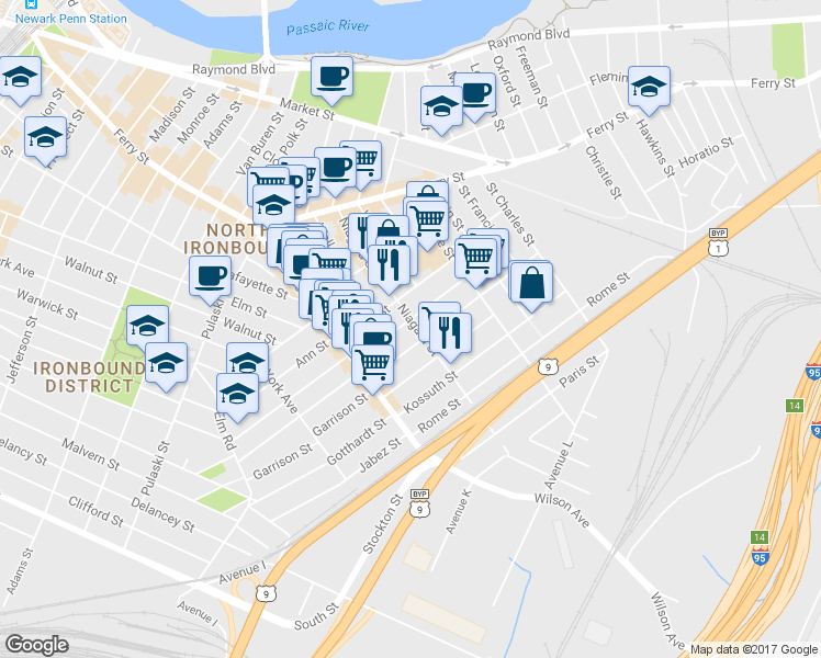 map of restaurants, bars, coffee shops, grocery stores, and more near 107 Niagara St in Newark