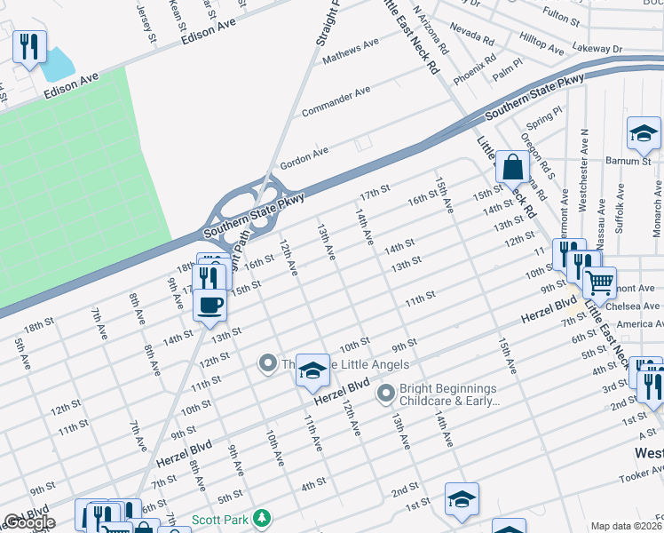 map of restaurants, bars, coffee shops, grocery stores, and more near 281 13th Avenue in West Babylon
