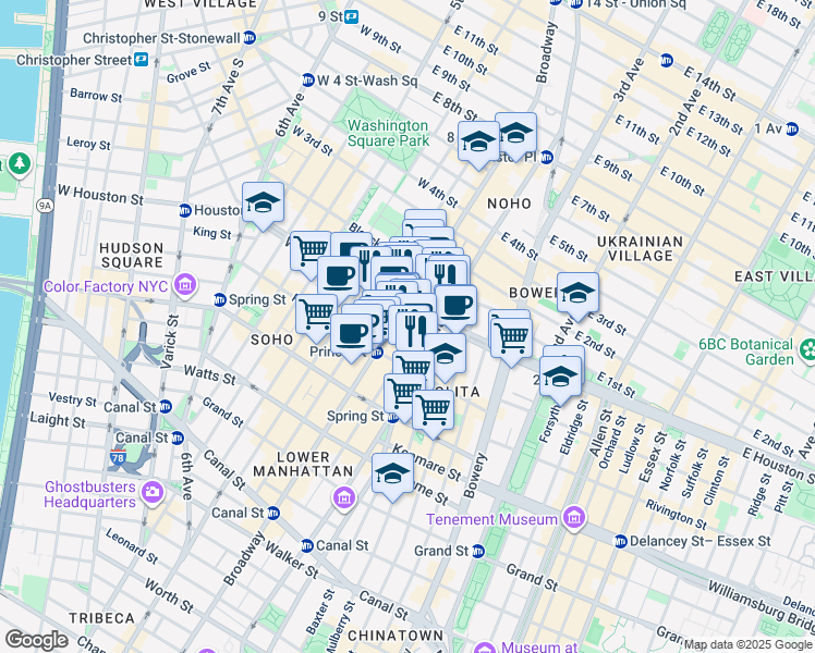map of restaurants, bars, coffee shops, grocery stores, and more near 286 Lafayette Street in New York