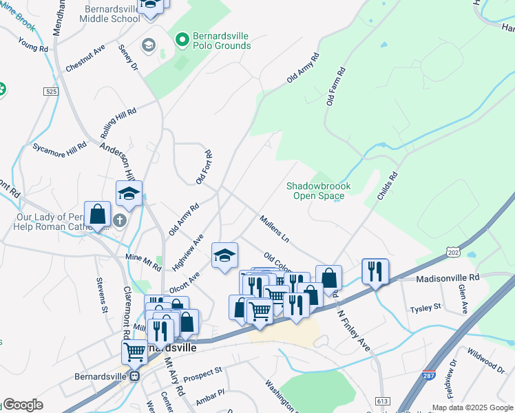 map of restaurants, bars, coffee shops, grocery stores, and more near 36 Childsworth Avenue in Bernardsville