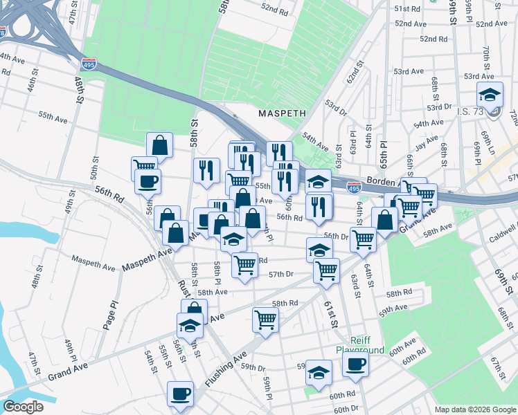 map of restaurants, bars, coffee shops, grocery stores, and more near 59-20 56th Avenue in Queens