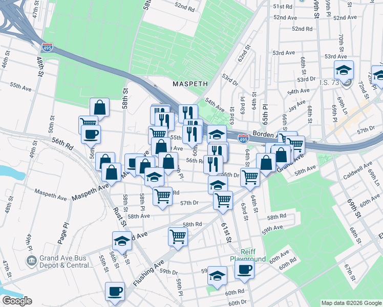 map of restaurants, bars, coffee shops, grocery stores, and more near 56-08 60th St in Queens