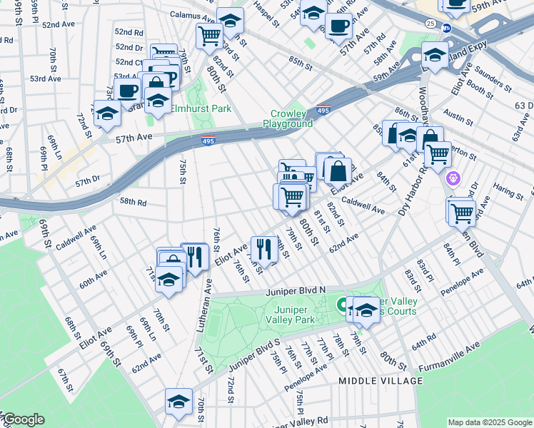 map of restaurants, bars, coffee shops, grocery stores, and more near 60-17 78th St in Queens