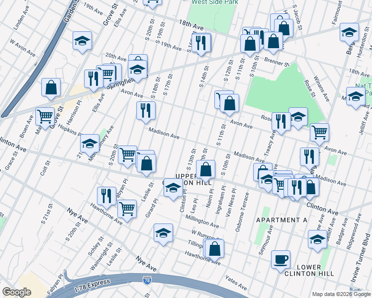 map of restaurants, bars, coffee shops, grocery stores, and more near 831 South 13th Street in Newark