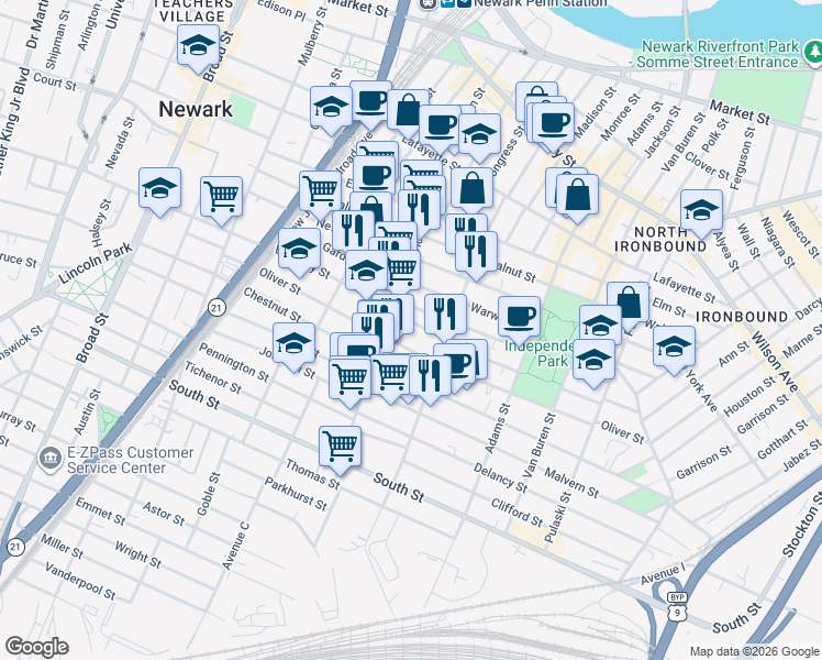 map of restaurants, bars, coffee shops, grocery stores, and more near 223 East Kinney Street in Newark