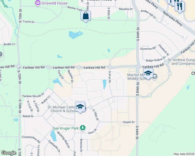 map of restaurants, bars, coffee shops, grocery stores, and more near 8219-8499 Yankee Hill Road in Lincoln