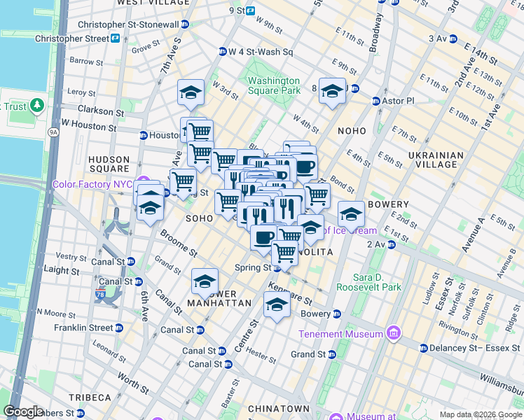 map of restaurants, bars, coffee shops, grocery stores, and more near 158 Mercer Street in New York