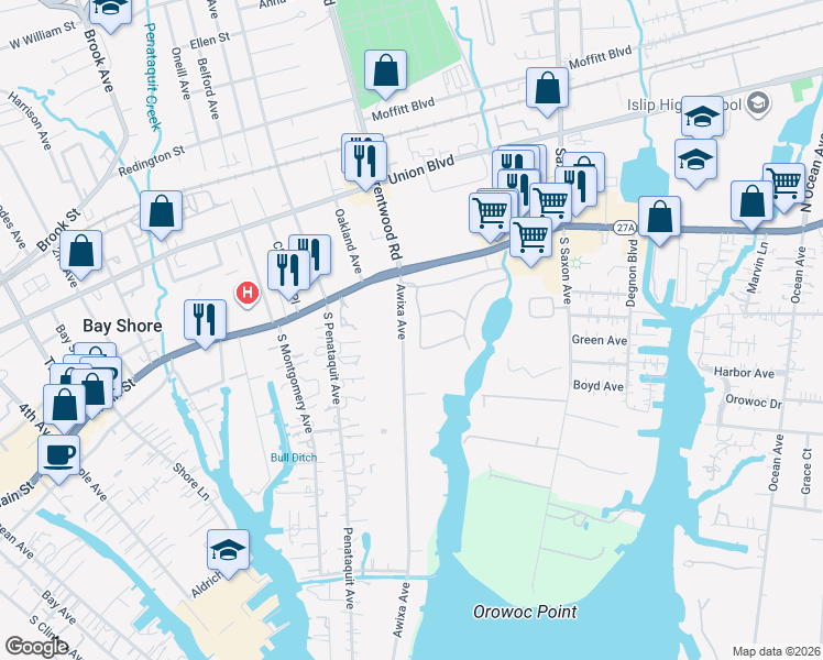 map of restaurants, bars, coffee shops, grocery stores, and more near 28 Cedar Ridge Lane in Bay Shore