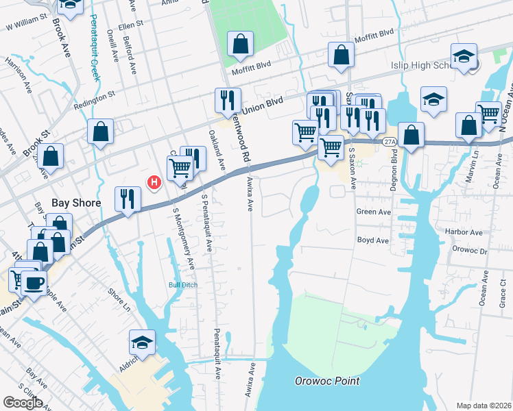 map of restaurants, bars, coffee shops, grocery stores, and more near 28 Cedar Ridge Lane in Bay Shore
