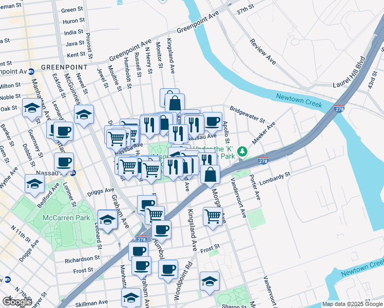 map of restaurants, bars, coffee shops, grocery stores, and more near 61 Sutton Street in Brooklyn