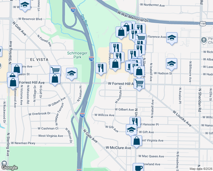 map of restaurants, bars, coffee shops, grocery stores, and more near 1526 West Forrest Hill Avenue in Peoria