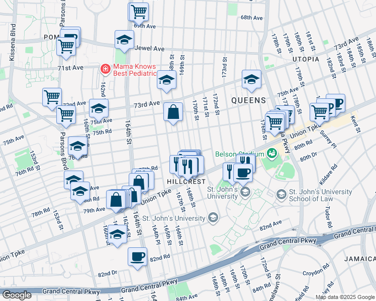 map of restaurants, bars, coffee shops, grocery stores, and more near 76-46 169th Street in Queens