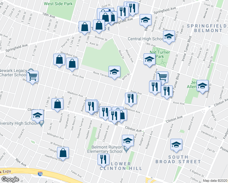 map of restaurants, bars, coffee shops, grocery stores, and more near 14 Seymour Avenue in Newark