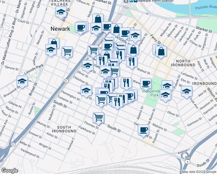 map of restaurants, bars, coffee shops, grocery stores, and more near in Newark