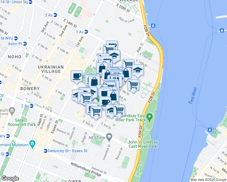 map of restaurants, bars, coffee shops, grocery stores, and more near 131 Loisaida Avenue in New York