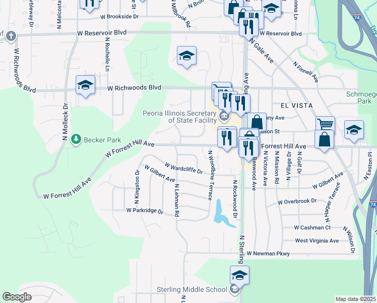 map of restaurants, bars, coffee shops, grocery stores, and more near 2834 West Sheffield Drive in Peoria