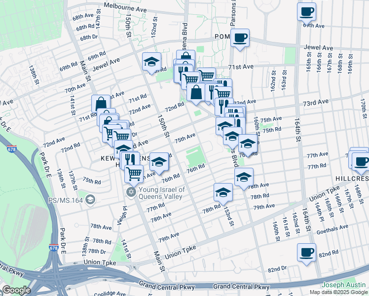 map of restaurants, bars, coffee shops, grocery stores, and more near 150-21 75th Road in Queens