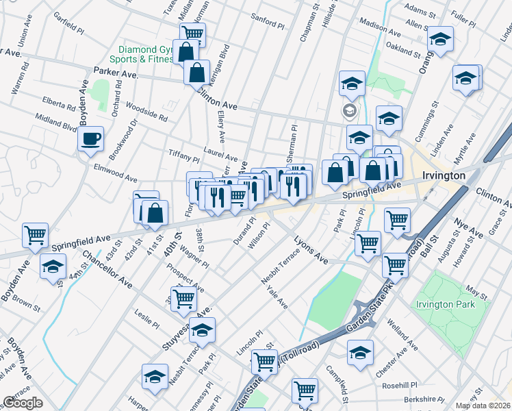 map of restaurants, bars, coffee shops, grocery stores, and more near 1256 Springfield Avenue in Irvington