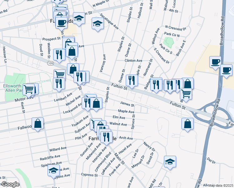 map of restaurants, bars, coffee shops, grocery stores, and more near 10 Fuschetto Court in Farmingdale