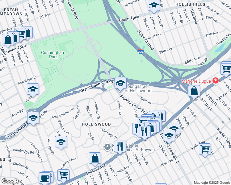 map of restaurants, bars, coffee shops, grocery stores, and more near 86-14 Francis Lewis Boulevard in Queens