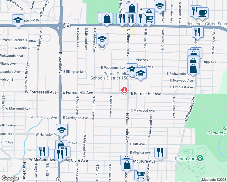 map of restaurants, bars, coffee shops, grocery stores, and more near 703 East Forrest Hill Avenue in Peoria