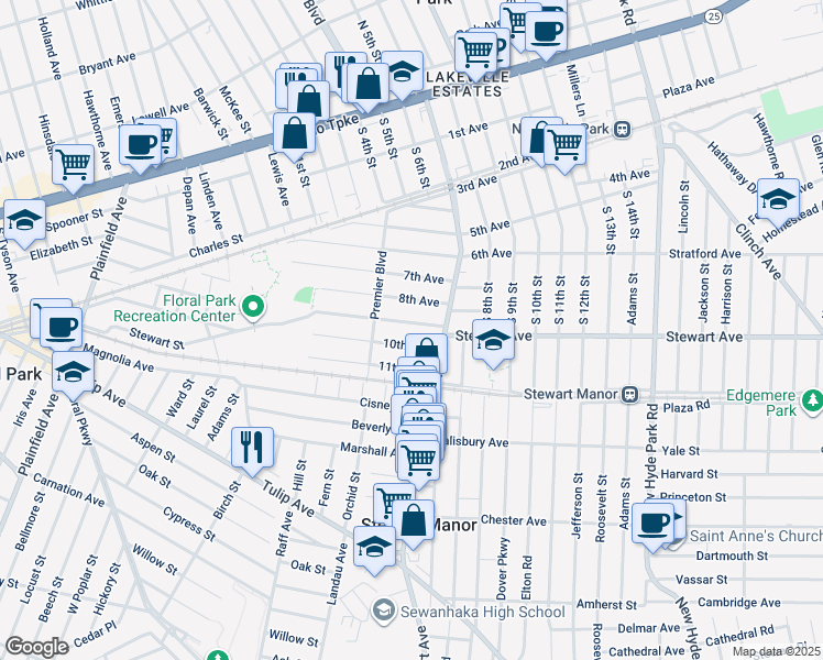 map of restaurants, bars, coffee shops, grocery stores, and more near 620 Stewart Avenue in New Hyde Park