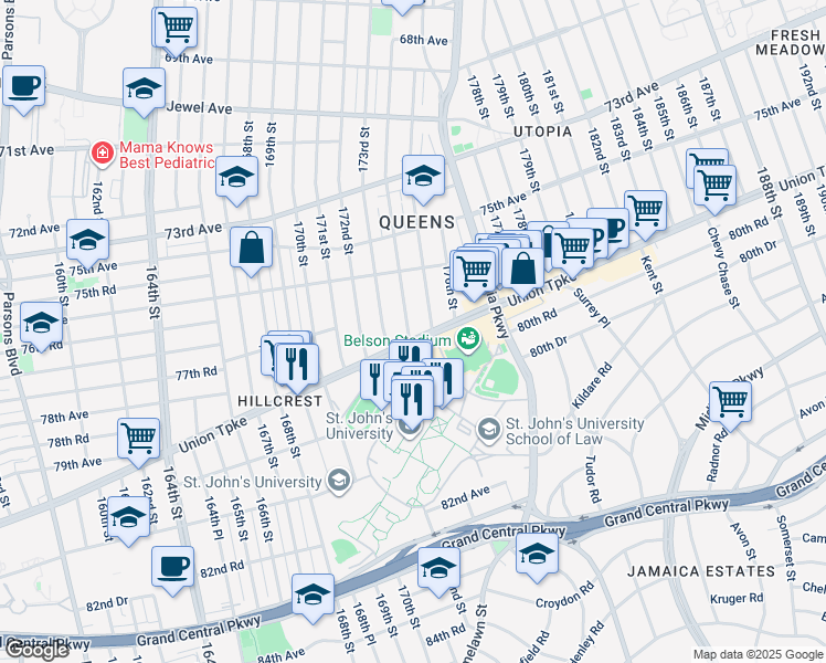 map of restaurants, bars, coffee shops, grocery stores, and more near 76-58 174th Street in Queens