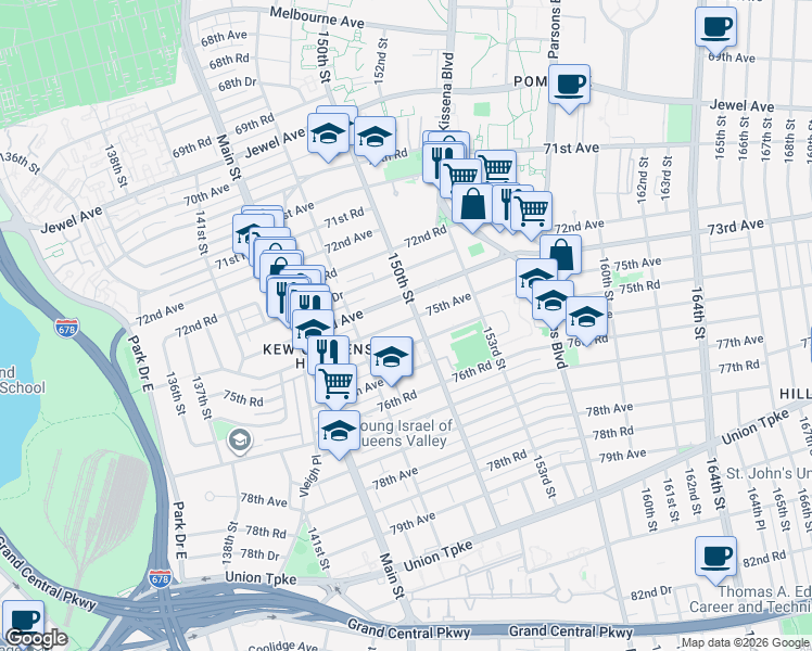 map of restaurants, bars, coffee shops, grocery stores, and more near 147-46 75th Avenue in Queens