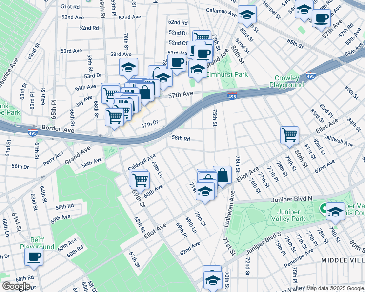 map of restaurants, bars, coffee shops, grocery stores, and more near 72-05 Caldwell Avenue in Queens