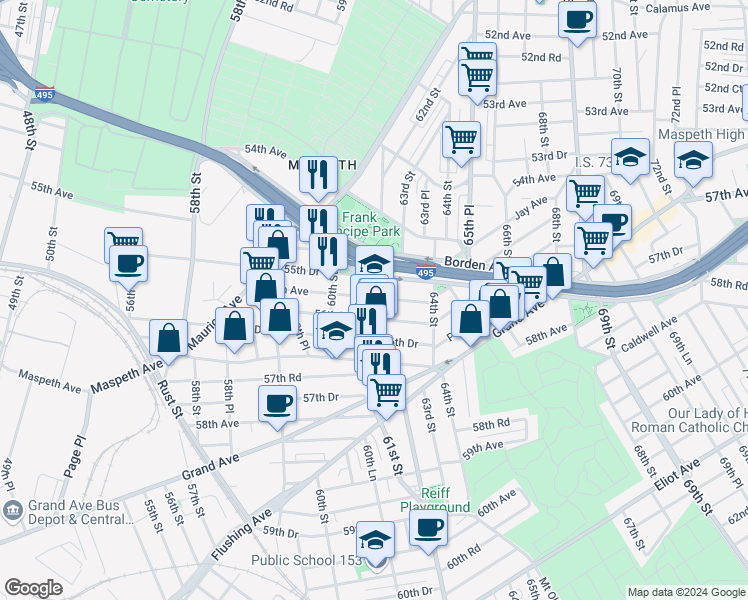 map of restaurants, bars, coffee shops, grocery stores, and more near 60-36 56th Avenue in Queens