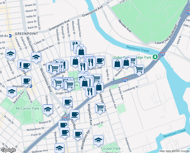 map of restaurants, bars, coffee shops, grocery stores, and more near 594 Morgan Avenue in Brooklyn