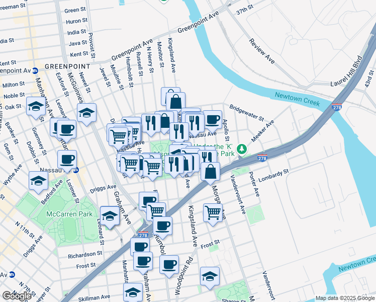 map of restaurants, bars, coffee shops, grocery stores, and more near 61 Sutton Street in Brooklyn