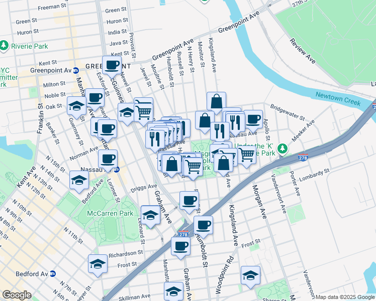 map of restaurants, bars, coffee shops, grocery stores, and more near 207 Nassau Avenue in Brooklyn