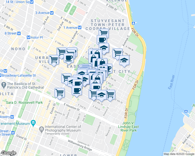 map of restaurants, bars, coffee shops, grocery stores, and more near in New York