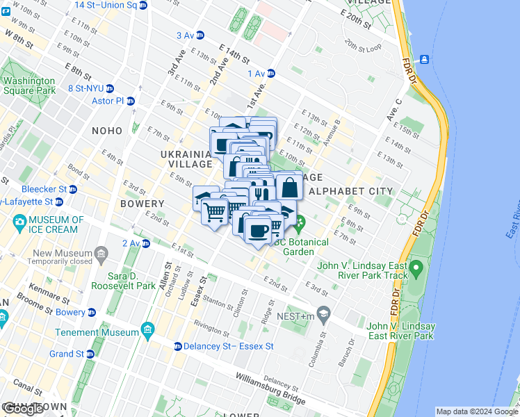 map of restaurants, bars, coffee shops, grocery stores, and more near 518 East 6th Street in New York
