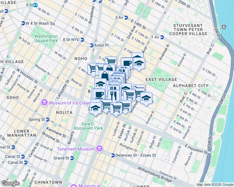map of restaurants, bars, coffee shops, grocery stores, and more near 57 1st Avenue in New York