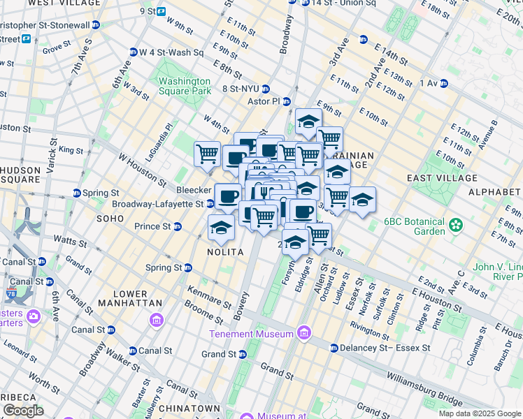 map of restaurants, bars, coffee shops, grocery stores, and more near 305 Bowery in New York