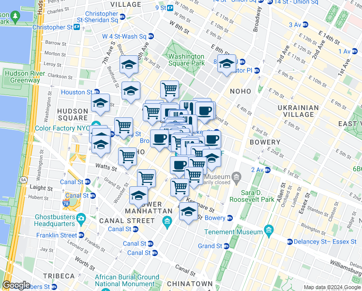 map of restaurants, bars, coffee shops, grocery stores, and more near in New York