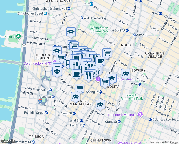 map of restaurants, bars, coffee shops, grocery stores, and more near 112 Prince Street in New York