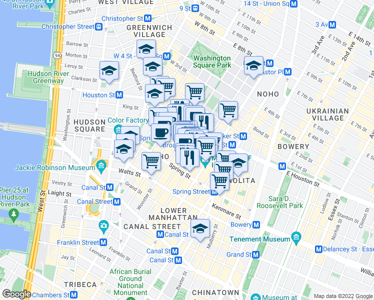 map of restaurants, bars, coffee shops, grocery stores, and more near 120 Wooster Street in New York