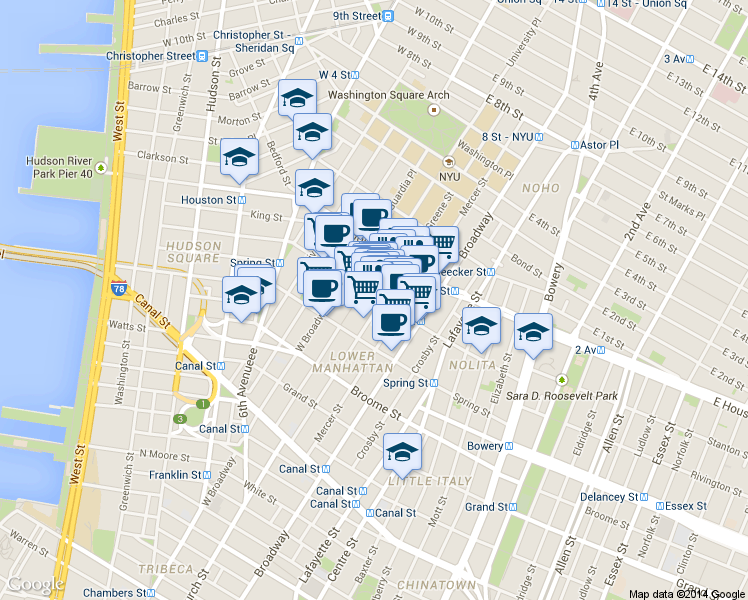 map of restaurants, bars, coffee shops, grocery stores, and more near 110 Prince Street in New York