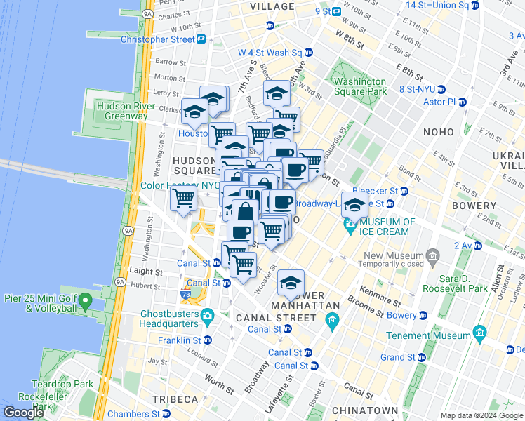 map of restaurants, bars, coffee shops, grocery stores, and more near in New York