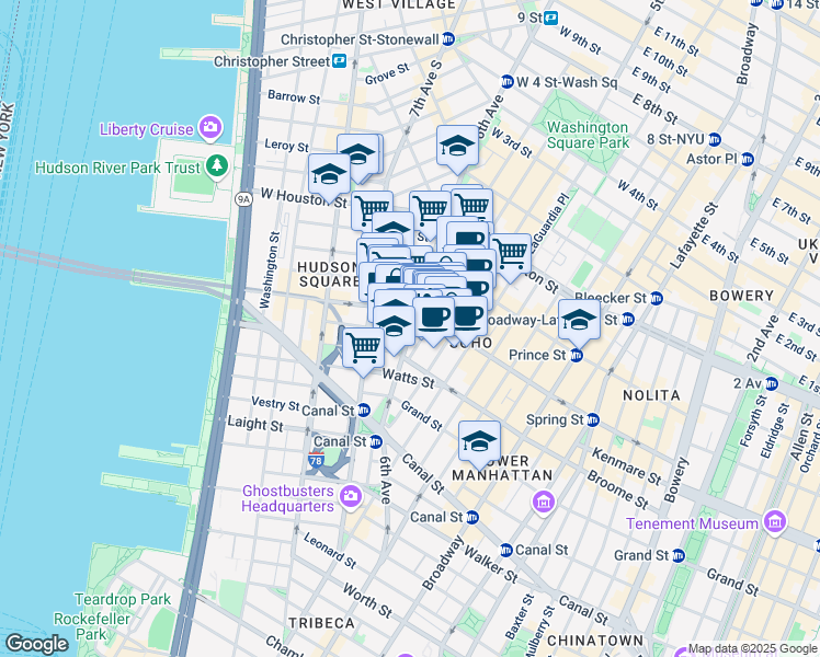 map of restaurants, bars, coffee shops, grocery stores, and more near in New York