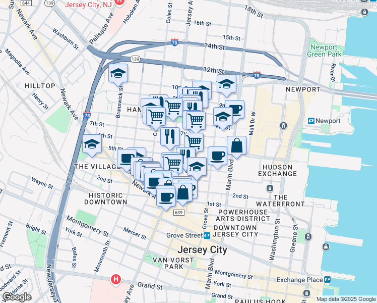 map of restaurants, bars, coffee shops, grocery stores, and more near 246 5th Street in Jersey City
