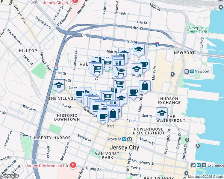 map of restaurants, bars, coffee shops, grocery stores, and more near 246 5th Street in Jersey City