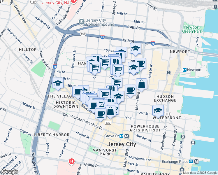 map of restaurants, bars, coffee shops, grocery stores, and more near 246 5th Street in Jersey City